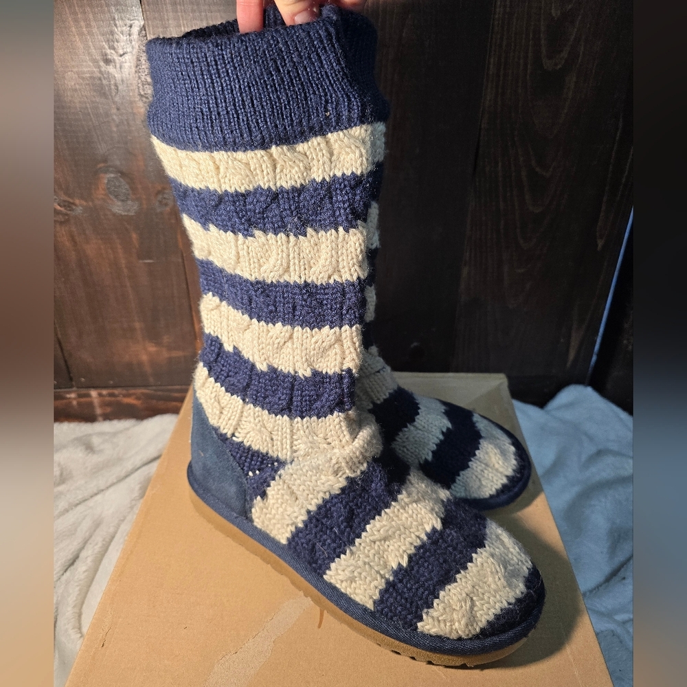 Navy and White Striped Knit UGG Boots